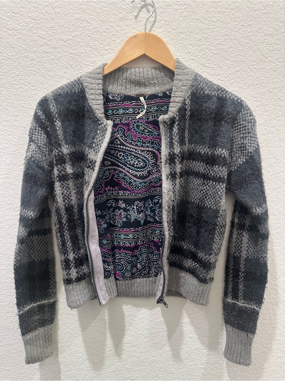 Free People Grey Plaid Paisley‎ Lined Zip Front Bomber Cardigan Sweater XS